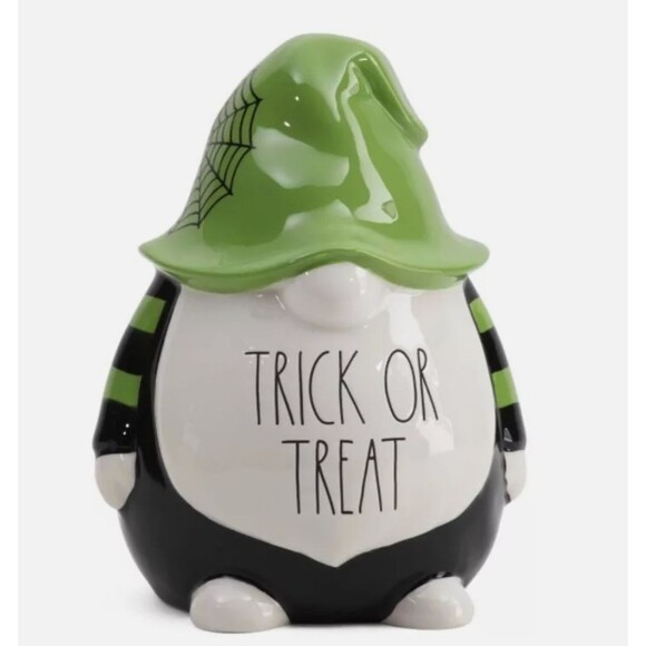 Rae Dunn "Trick or Treat" Ceramic Gnome Halloween Green Black 9" Fall Decor NEW - Picture 2 of 8